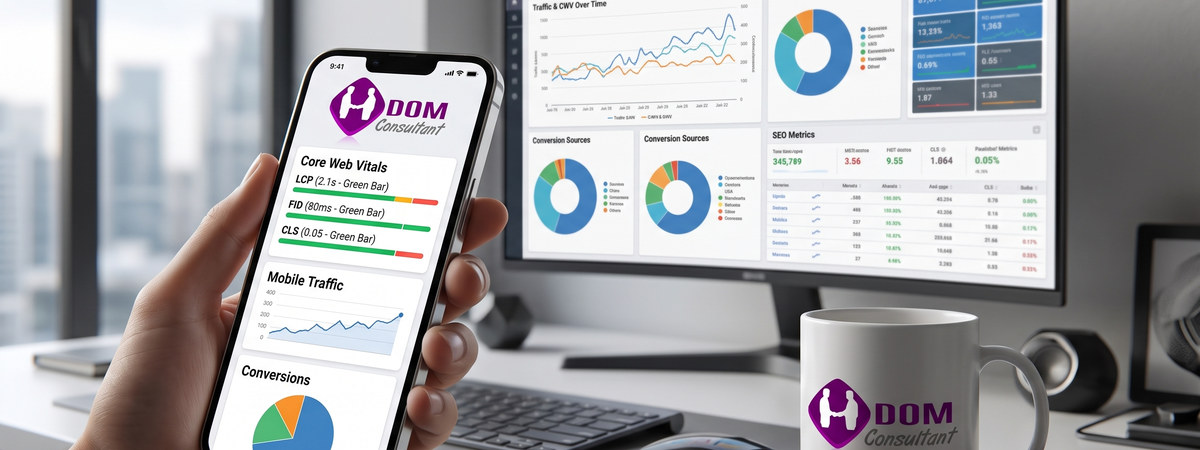 SEO analytics displayed on a smartphone and desktop monitor