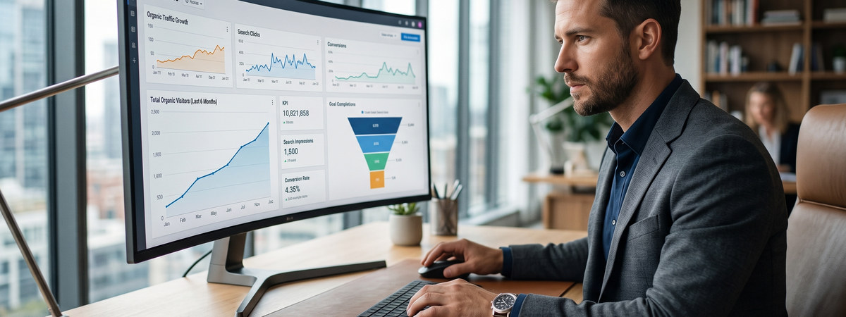 SEO specialist analysing search performance data
