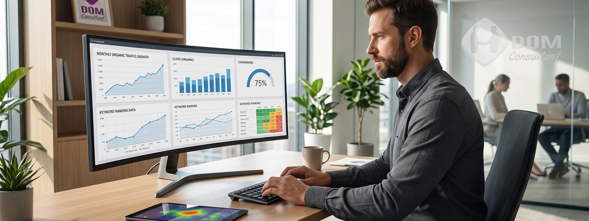 SEO specialist reviewing website ranking data
