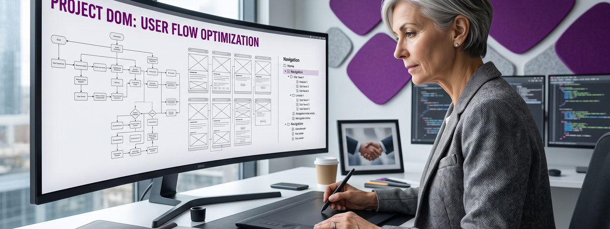 Web designer analysing a user flow and wireframes